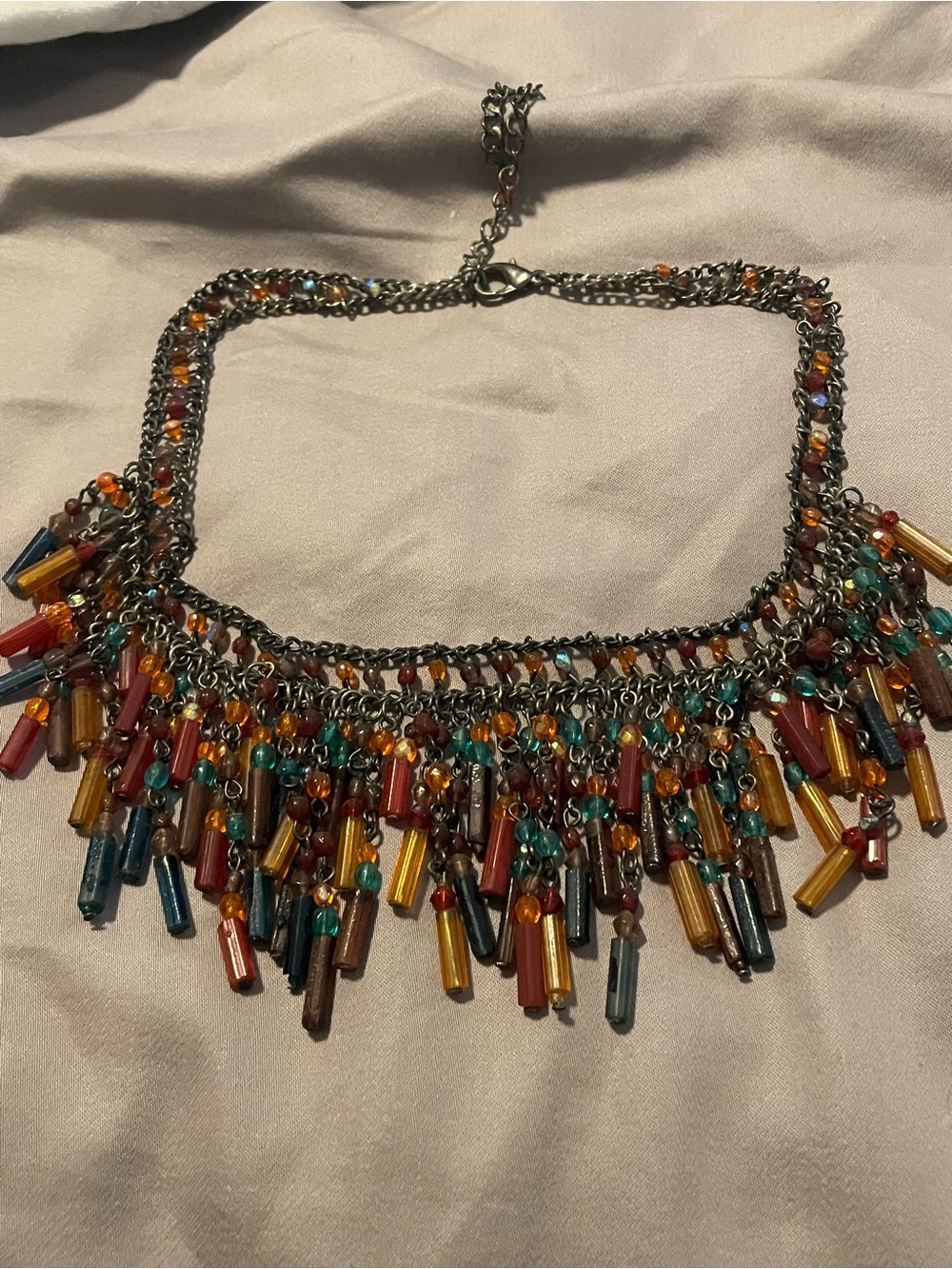 Lia Sophia Multicolor Fringe Beaded Necklace in Red, Teal, Amber, Brown